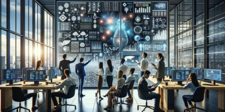 Dall·e 2024 02 12 15.43.19 A High Resolution Photo Depicting A Group Of Diverse Ai And Machine Learning Specialists Working Together In A Modern, High Tech Office Environment. T