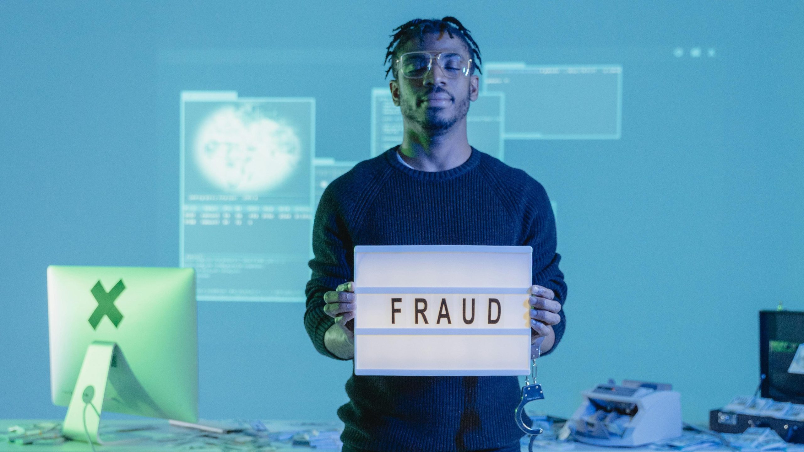 Young man holding a 'fraud' sign in a tech-focused setting with digital and cash elements.