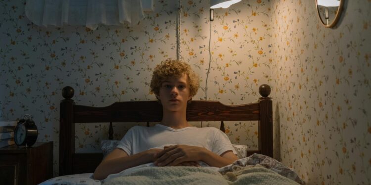 Teenager lying in bed with vintage decor and warm lighting, creating a cozy atmosphere.