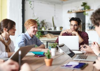 A diverse group of adults collaborating in a modern office setting with laptops and plants.