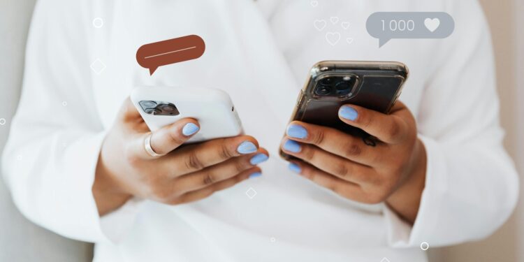 A woman in a white robe interacts with two smartphones, showcasing social media engagement icons.