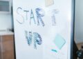Creative startup concept handwritten on a whiteboard, symbolizing innovation in business.
