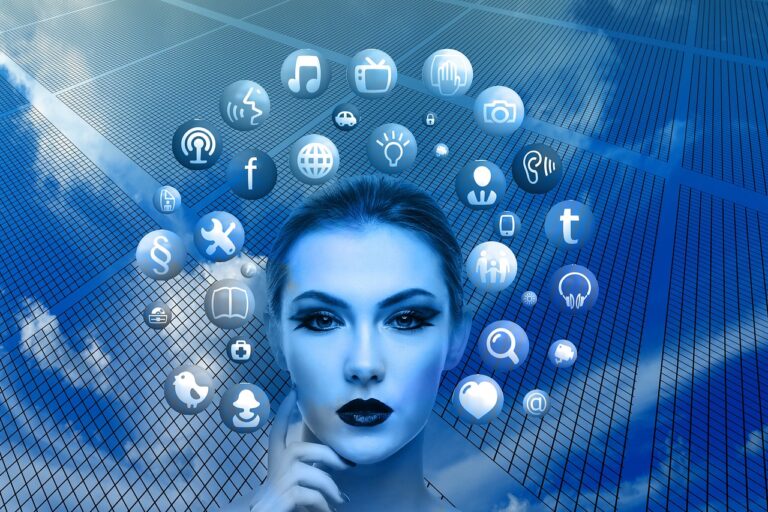 woman, face, social media, thoughts, head, applications, apps, social media applications, icons, circle, tree, networks, internet, social, social network, facebook, google, social networking, networking, multimedia, nature, blue