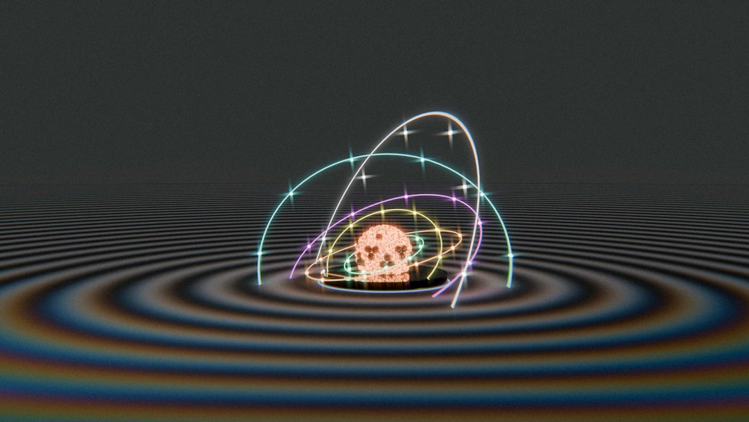 Glowing neon rings orbit a small sphere above rippling concentric waves in an abstract digital illustration of AI technology.