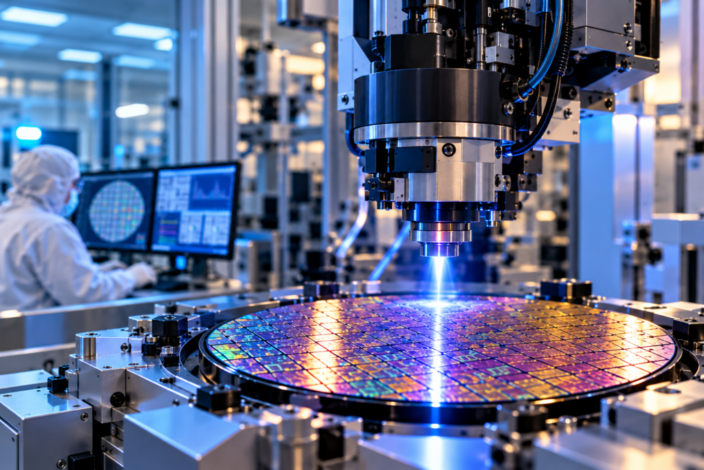 Stock photo of A silicon wafer being processed by precision machinery in a semiconductor cleanroom, used to illustrate this story on India Has Strong Chip-Design Base, SCL Chief Says.