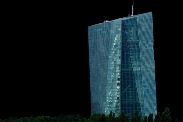 Frankfurt skyline with skyscrapers and the European Central Bank building, illustrating the ECB presidency transition.