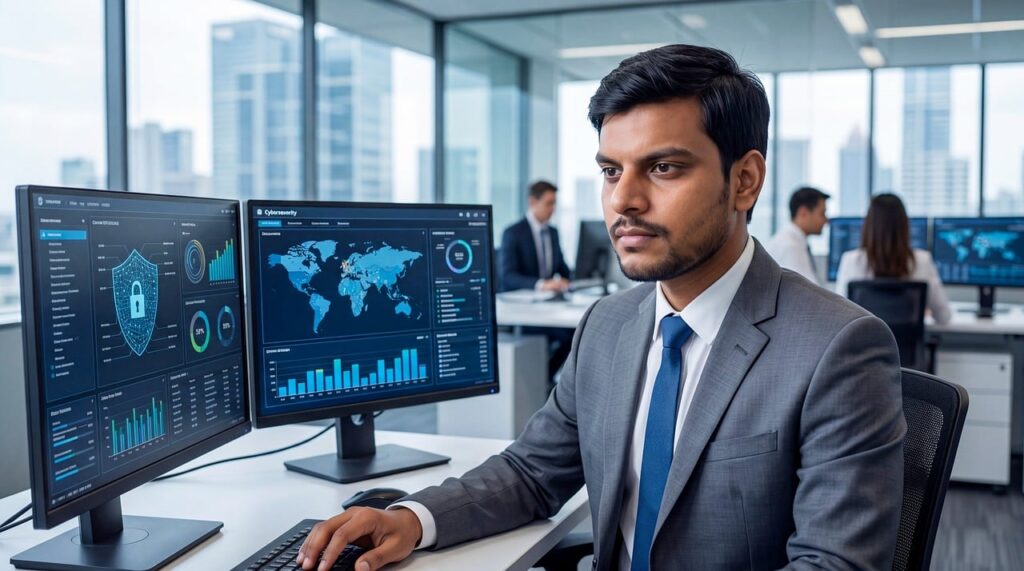 A man in a suit analyzes statistics on multi-monitor screens in a modern office, illustrating Walmart's data-driven approach to finding lookalike customers.