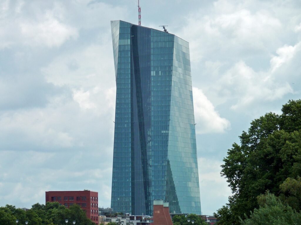 Frankfurt skyline with skyscrapers and the European Central Bank, illustrating the ECB presidency in the city.