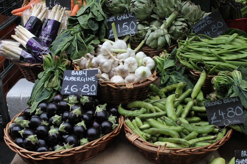 Stalls display rows of fresh eggplants and assorted vegetables, illustrating market pricing for small businesses.
