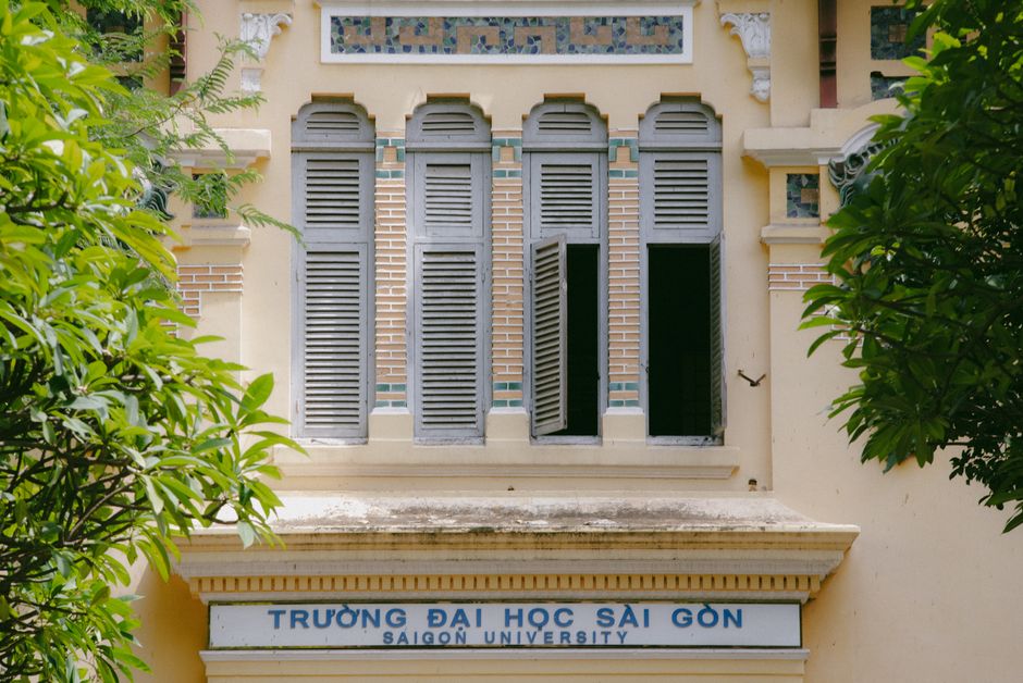 Facade of Saigon University in Ho Chi Minh with traditional architectural features
