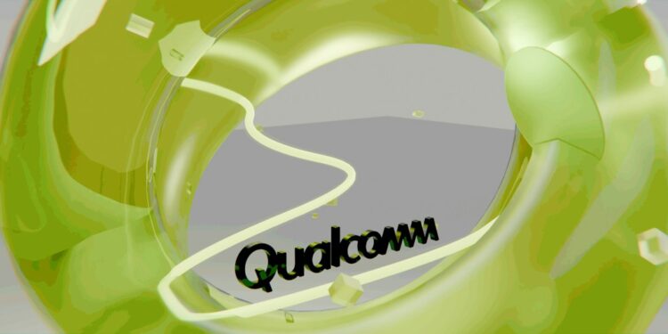 Qualcomm logo visible through a green abstract shape, illustrating the company's plans for global job cuts after annual reviews.