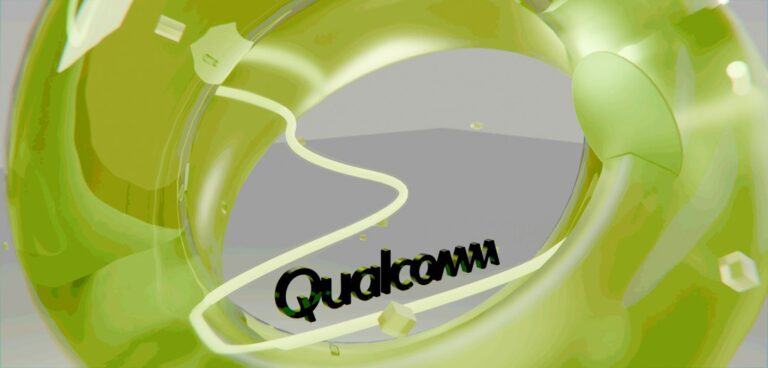 Qualcomm logo visible through a green abstract shape, illustrating the company's plans for global job cuts after annual reviews.