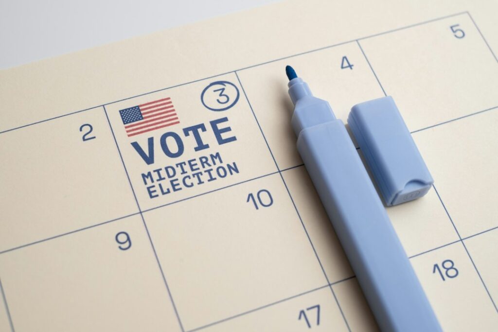Stock photo of A light blue marker on a calendar page marked for midterm election voting, used to illustrate this story on Jamia Orders Student Union Polls Within 15 Days of Constitution Approval.