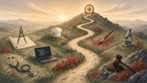 Winding path past tools of different professions leading to a glowing compass on a hilltop
