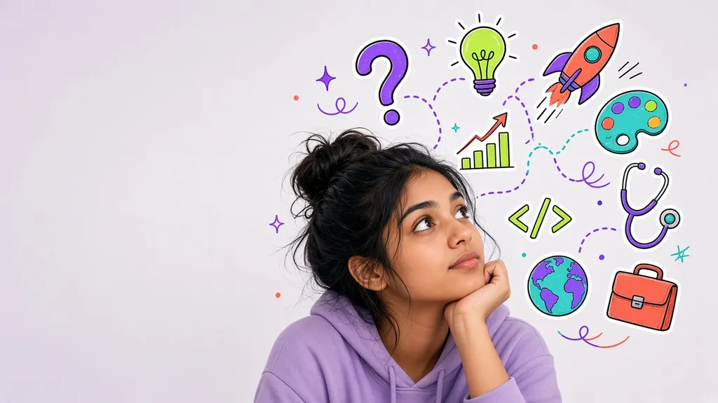 Young woman wondering about career choices, surrounded by career icons