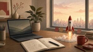 Startup desk with laptop, idea sketches and a small rocket lifting off at dawn