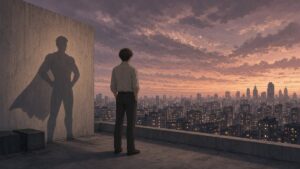 Office worker on a city rooftop at dusk casting a caped superhero shadow