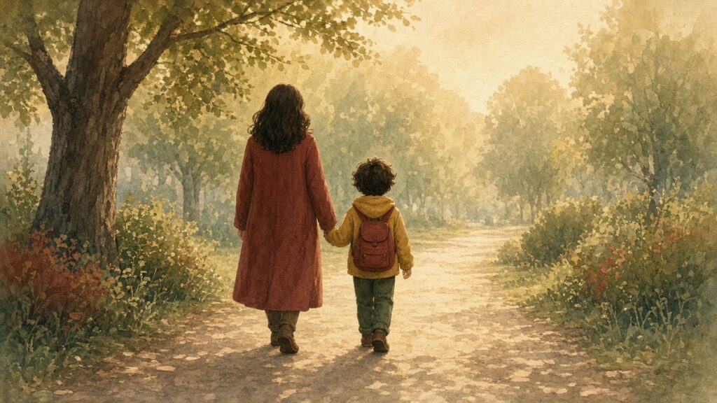 Parent and child walking hand in hand along a sunlit park path
