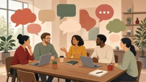 Colleagues chatting around an office table with colourful speech bubbles overhead